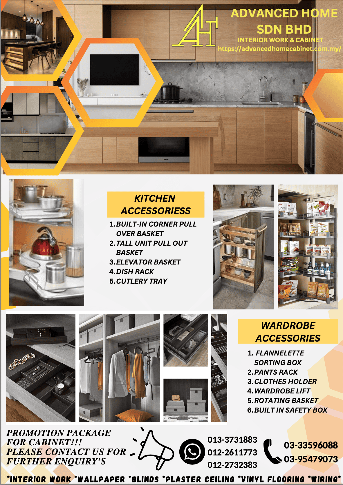 Advanced Home SDN BHD promotional banner featuring kitchen and wardrobe accessories, including built-in corner baskets, dish racks, wardrobe lifts, and rotating baskets, along with company contact details